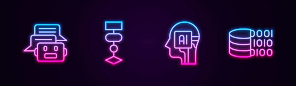 Set line Chat bot, Algorithm, Humanoid robot and Binary code. Glowing neon icon Stock Illustration