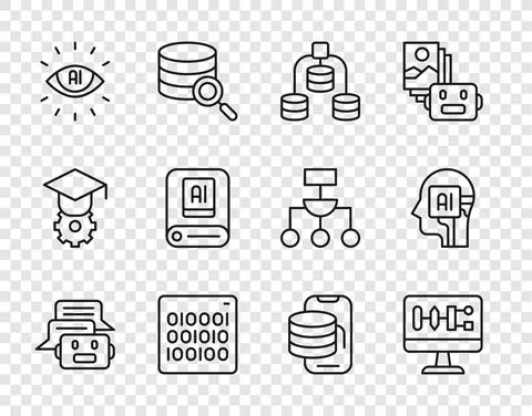 Set line Chat bot, Algorithm, Server, Data, Binary code, Artificial intelligence Stock Illustration