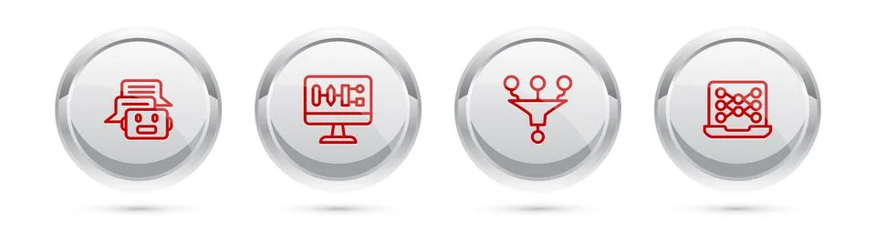 Set line Chat bot, Algorithm, Funnel filter and Neural network. Silver circle イラスト素材