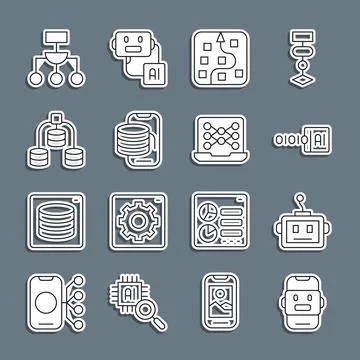 Set line Chat bot, Artificial intelligence robot, Binary code, Neural network Stockillustratie