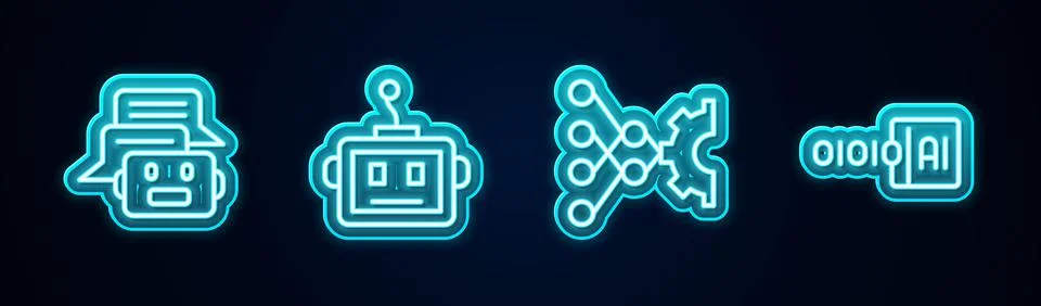 Set line Chat bot, Artificial intelligence robot, Neural network and Binary code Stock Illustration