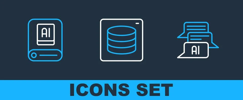 Set line Chat bot, Artificial intelligence AI and Server, Data icon. Vector Illustrazione stock