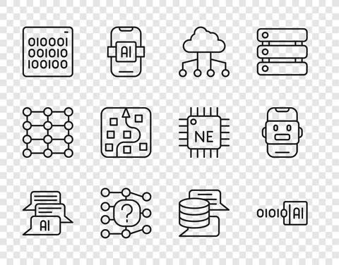 Set line Chat bot, Binary code, Network cloud connection, Neural network, Server Stock Illustration