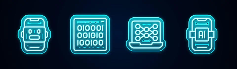 Set line Chat bot, Binary code, Neural network and Artificial intelligence .. Stock Illustration