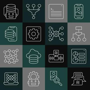 Set line Chat bot, Computer api interface, Algorithm, Web developer programming Stock Illustration