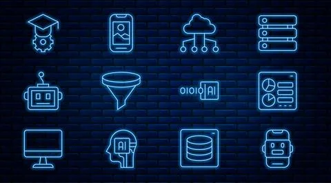 Set line Chat bot, Computer api interface, Network cloud connection, Funnel Stock Illustration