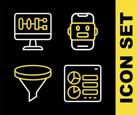 Set line Chat bot, Computer api interface, Funnel or filter and Algorithm icon Stock Illustration