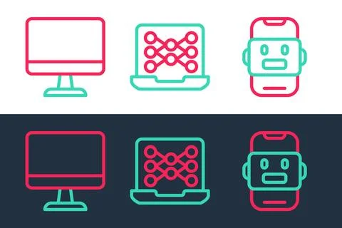 Set line Chat bot, Computer monitor and Neural network icon. Vector Illustrazione stock