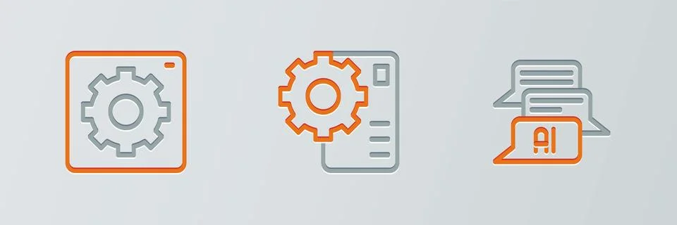 Set line Chat bot, Computer api interface and Neural network icon. Vector Stock Illustration
