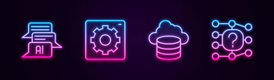 Set line Chat bot, Computer api interface, Cloud database and Neural networ.. Stock Illustration