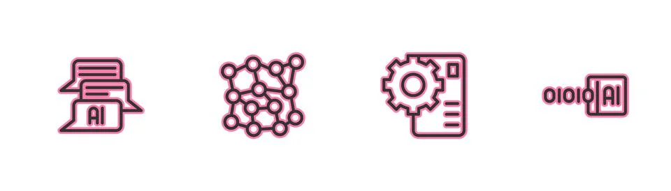 Set line Chat bot, Neural network, and Binary code icon. Vector Stock Illustration