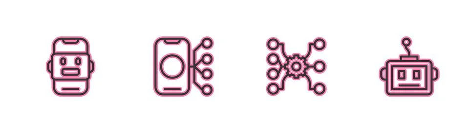Set line Chat bot, Neural network, and Artificial intelligence robot icon Stock Illustration