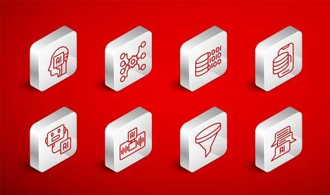 Set line Chat bot, Neural network, Binary code, Cloud technology data transfer Stockillustratie