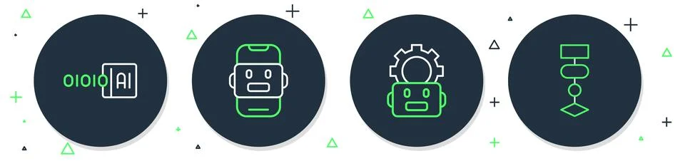 Set line Chat bot, Robot setting, Binary code and Algorithm icon. Vector Stock Illustration
