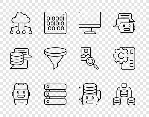 Set line Chat bot, Server, Data, Computer monitor, Network cloud connection Illustrazione stock
