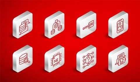 Set line Chat bot, Server, Data, Binary code, Mobile phone, Neural network Stock Illustration