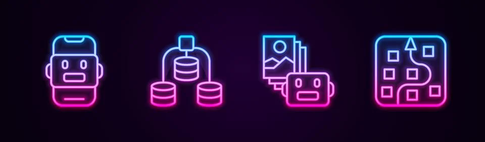 Set line Chat bot, Server, Data, Artificial intelligence robot and Neural n.. Illustrazione stock