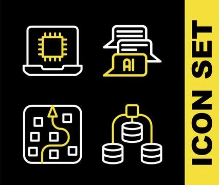 Set line Chat bot, Server, Data, Neural network and Processor CPU icon. Vecto イラスト素材