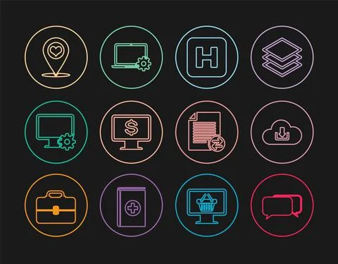 Set line Chat, Cloud download, Hospital, Monitor with dollar, Computer monitor Stock Illustration