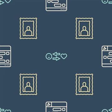 Set line Chat messages on laptop, Picture frame and Romantic relationship o.. Illustrazione stock