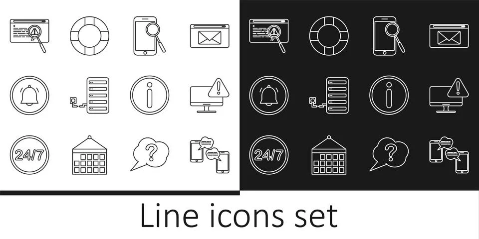 Set line Chat messages on mobile, Monitor with exclamation mark, Mobile pho.. Stock Illustration