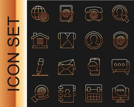 Set line Chat messages notification on monitor, Speech bubble chat, Shield with Stock Illustration