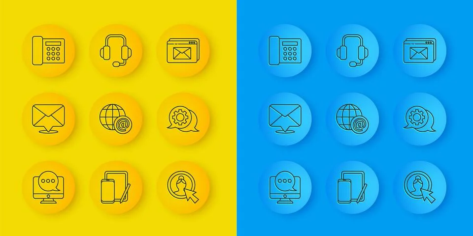 Set line Chat messages notification on monitor, Envelope, Earth globe with .. Stock Illustration