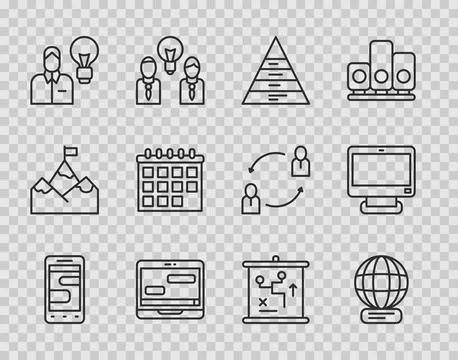 Set line Chat messages on phone, Worldwide, Pyramid chart infographics, lap.. Stock Illustration