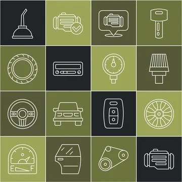 Set line Check engine, Alloy wheel for car, Car air filter, audio, tire Stock Illustration