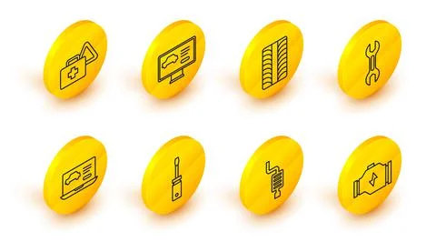 Set line Check engine, Car muffler, Screwdriver, Diagnostics condition of car Illustrazione stock