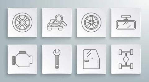 Set line Check engine, Car search, Wrench, door, Chassis car, wheel, mirror and Stock Illustration