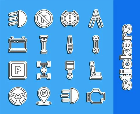 Set line Check engine, Car seat, Wrench, Brake system warning, , battery, High Stock Illustration