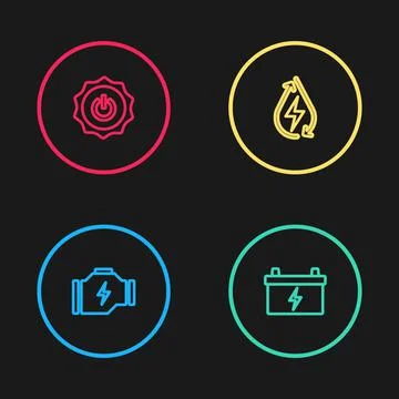 Set line Check engine, Car battery, Water energy and Power button icon. Vector イラスト素材