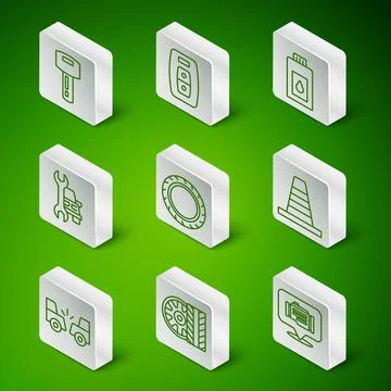 Set line Check engine, Car tire wheel, key with remote, service, accident and Stock Illustration