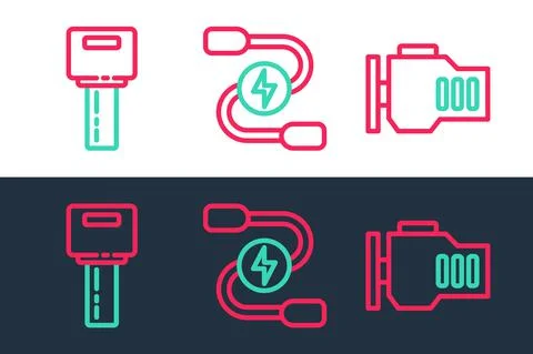 Set line Check engine, Car key with remote and battery jumper power cable icon Stock Illustration