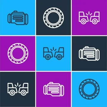 Set line Check engine, Car accident and tire wheel icon. Vector Stock Illustration