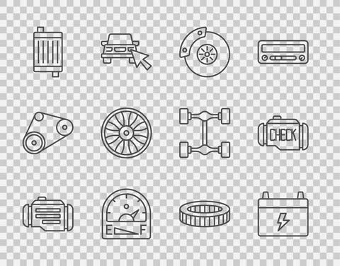 Set line Check engine, Car battery, brake disk with caliper, Motor gas gauge Stock Illustration