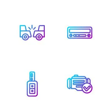 Set line Check engine, Car key with remote, accident and audio. Gradient colo Stock Illustration