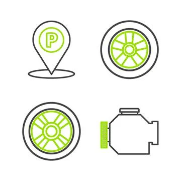 Set line Check engine, Car wheel, and Location with parking icon. Vector Stock Illustration