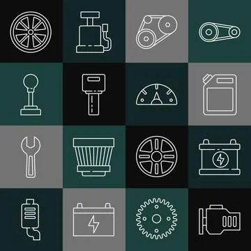 Set line Check engine, Car battery, Canister for gasoline, Timing belt kit, key Stock Illustration