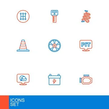 Set line Check engine, Car battery, Racing helmet, Pit stop, Traffic cone, .. Stock Illustration