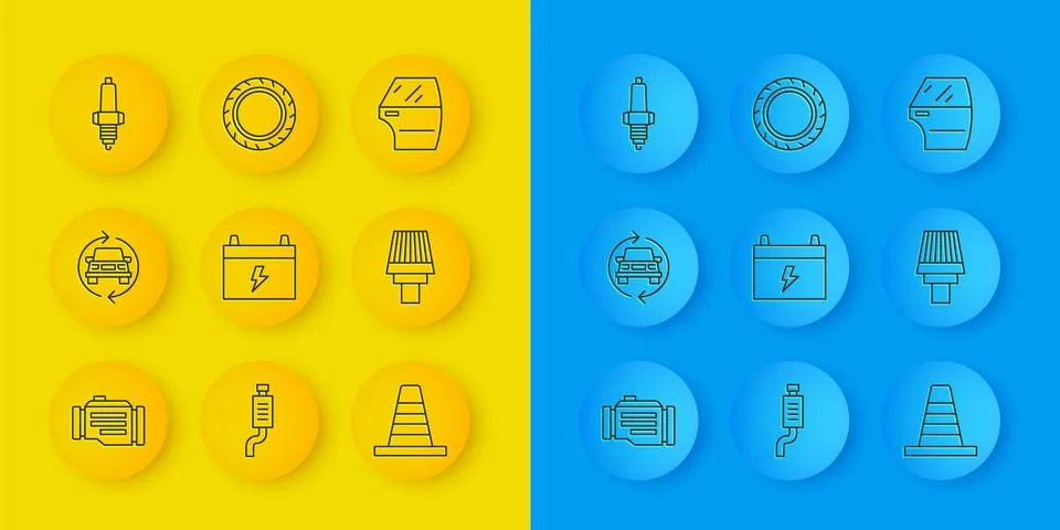 Set line Check engine Car service battery Traffic cone air filter spark plug  Stock Illustration