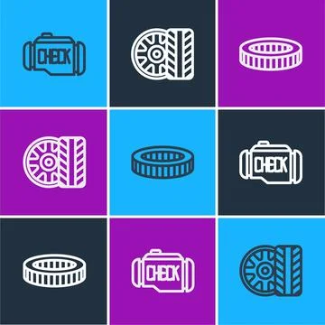 Set line Check engine, Car air filter and tire wheel icon. Vector Stock Illustration