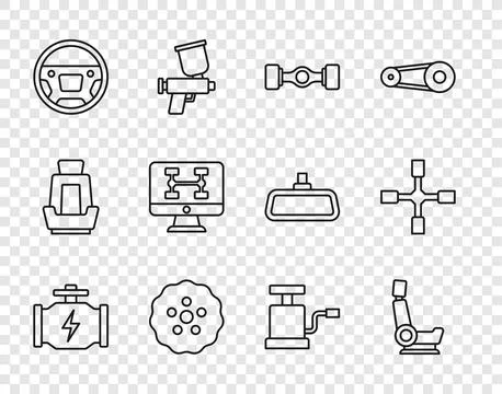 Set line Check engine, Car seat, Chassis car, Gear, Steering wheel, Diagnos.. Stock Illustration