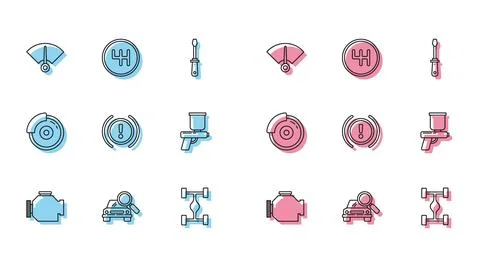 Set line Check engine, Car search, Speedometer, Chassis car, Brake system w.. Stock Illustration