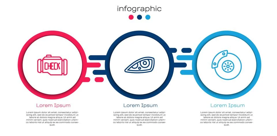 Set line Check engine, Car headlight and brake disk with caliper. Business .. Stock Illustration