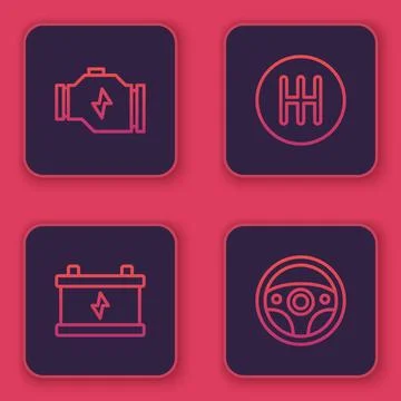 Set line Check engine, Car battery, Gear shifter and Steering wheel. Blue s.. Stock Illustration