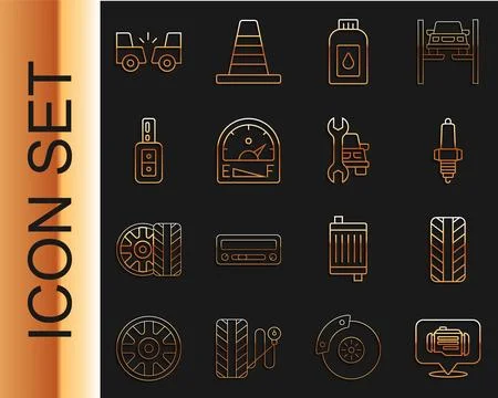 Set line Check engine, Car tire wheel, spark plug, Canister for motor machi.. Stock Illustration