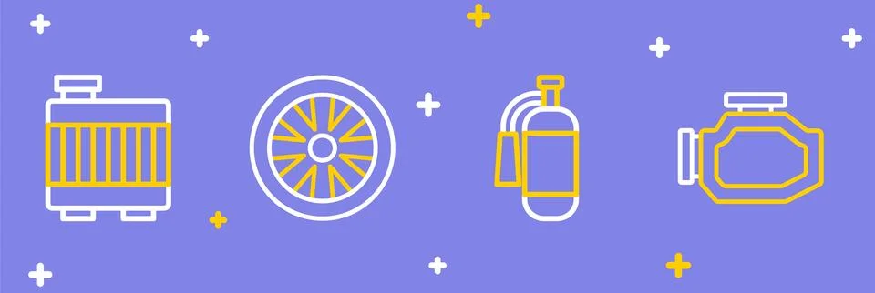 Set line Check engine, Fire extinguisher, Stopwatch and Car radiator cooling Stock Illustration