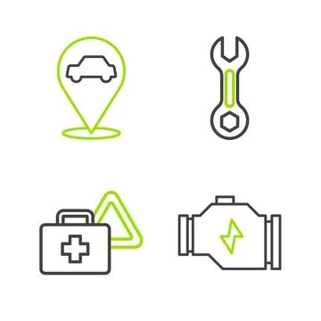 Set line Check engine, First aid kit and warning triangle, Wrench spanner a.. Stock Illustration